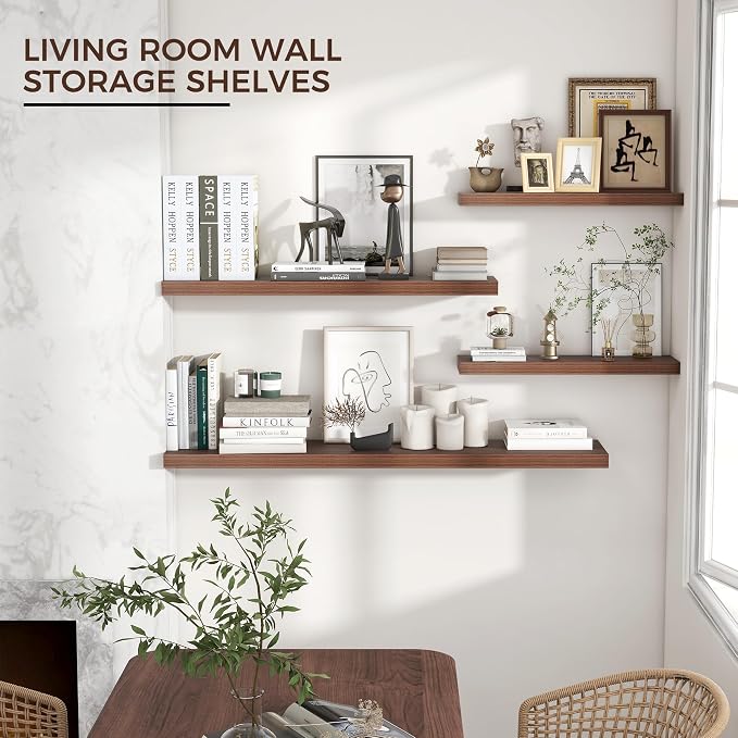 36" Wide x 8" Deep Floating Shelves for Wall, Walnut Finish, 2-Pack | Engineered Wood Wall Shelves with Invisible Brackets for Living Room, Bedroom, Bathroom, Office & Kitchen Storage