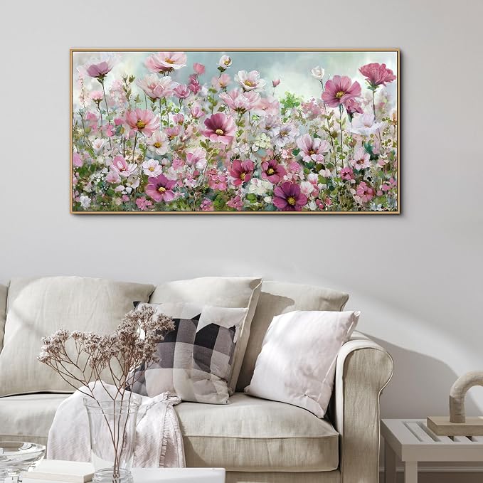 yiijeah Wall Art for Living Room Fower Bedroom Floral Canvas Framed Prints Pictures Colorful Wall Decor Watercolor Large Nature Wildflower Paintings 40x20 Inches
