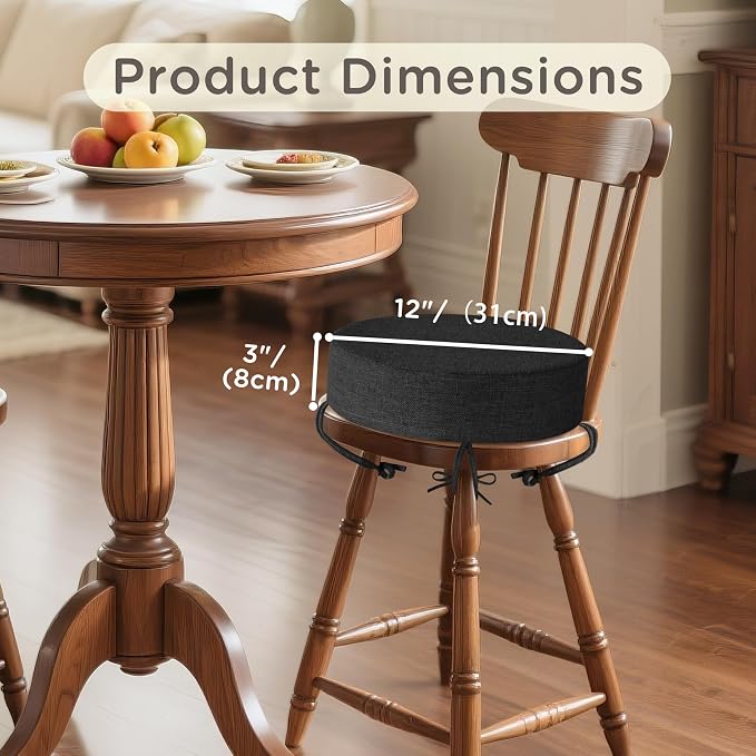 Bar Stool Cushions Round 3" Thick Round Seat Cushions for Chairs 2 Pack Non Slip Bistro Chair Pads with Machine Washable Cover (12 Inch, Black)