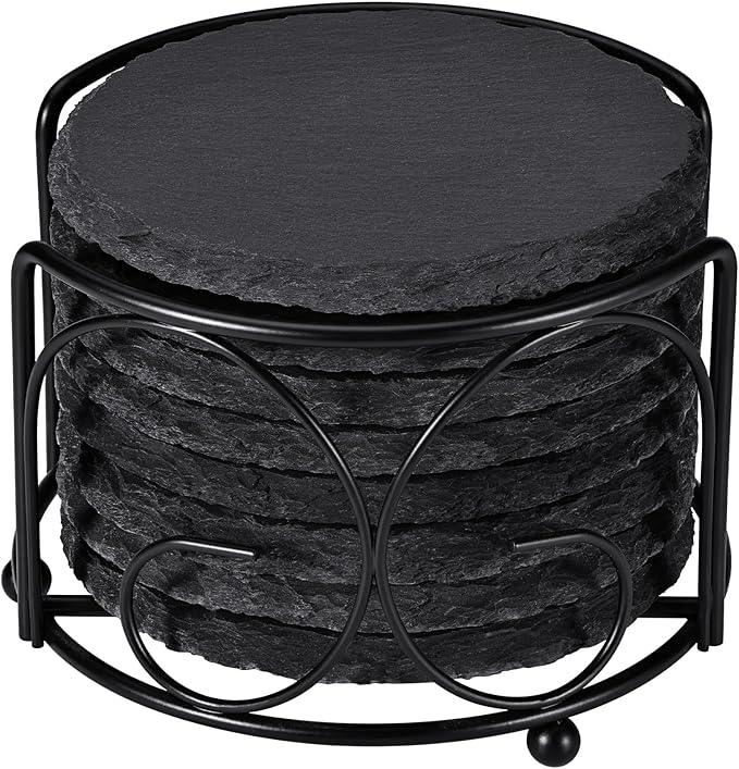 Slate Drink Coasters with Metal Holder, GOH DODD Set of 8 Black Coasters, 4 Inch Stone Coaster Set Tabletop Protection for Home Outdoor Kitchen Apartment Decor Housewarming Gifts Wedding Party, Round