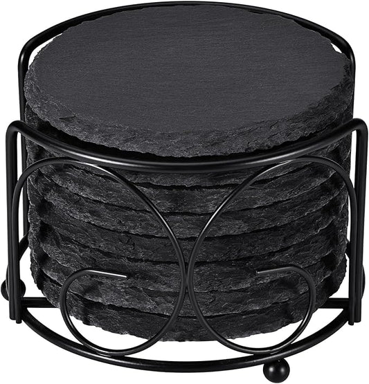 Slate Drink Coasters with Metal Holder, GOH DODD Set of 8 Black Coasters, 4 Inch Stone Coaster Set Tabletop Protection for Home Outdoor Kitchen Apartment Decor Housewarming Gifts Wedding Party, Round