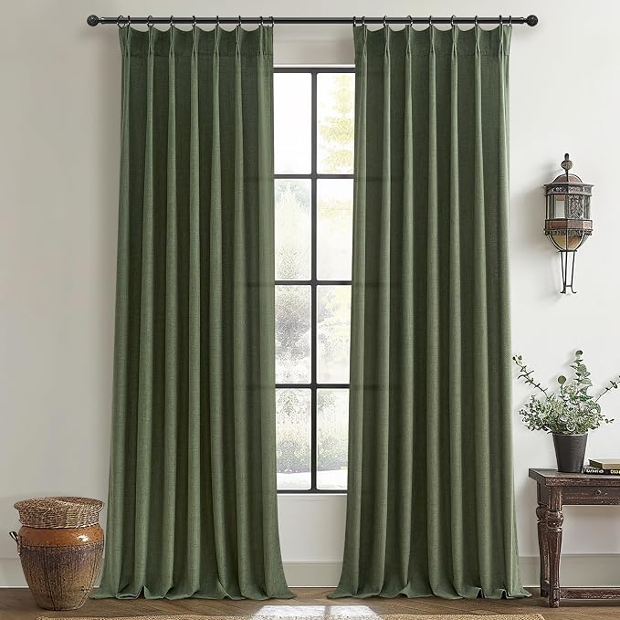 Olive Green Linen Curtains 96 Inches Long 2 Panels Set, Modern Aesthetic Pinch Pleated Dark Academia Living Room Light Filtering Sheer Ceiling Track Curtains with Hooks Decor Drapes for Bedroom Window