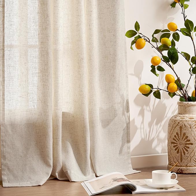 JINCHAN Linen Curtains for Living Room Beige Grommet Top Window Treatment Set for Bedroom 2 Panels 96 inches Long Crude