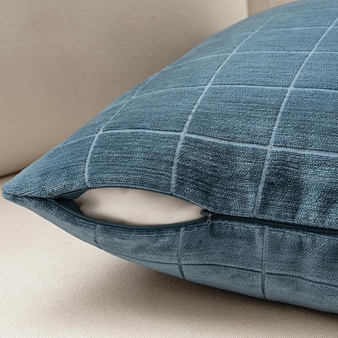 MIULEE Decorative Chenille Check Throw Pillow Covers Vintage Plaid Couch Pillows 20x20 Inch Set of 2 Neutral Boho Farmhouse Cushion Covers Modern Spring Coastal Decor for Sofa Bed Living Room Blue