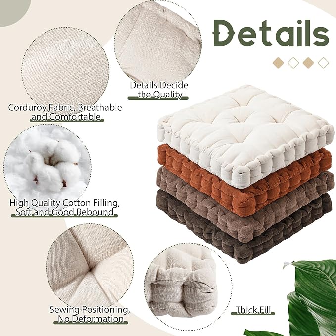 Jerify 4 Pcs Floor Pillow Cushions Large Round Square Large Meditation Floor Pillow for Classroom Adult Meditation Picnic Party Seating Learning Daycare School (Square 15 x 15,Mixed Brown)
