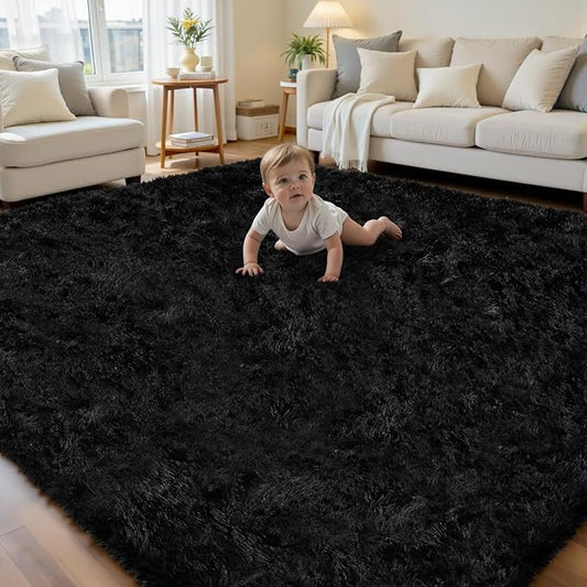8x10 Area Rug for Living Room, Ultra Soft Fluffy Shag Rugs for Bedroom, Non-Slip Large Fuzzy Plush Rug Indoor Floor Carpet for Nursery Kids Office Dorm Modern Decor, Black