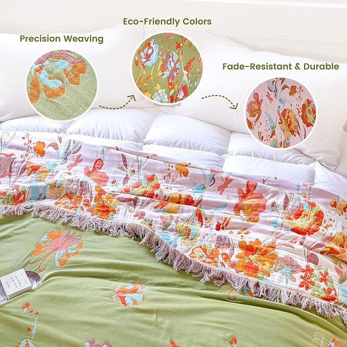 MSGKV Boho Throw Blanket 60"x80" Floral 100% Cotton Blanket with Flower and Butterfly for Bed Couch Summer Breathable Lightweight Farmhouse Twin Blankets Home Decor Muslin