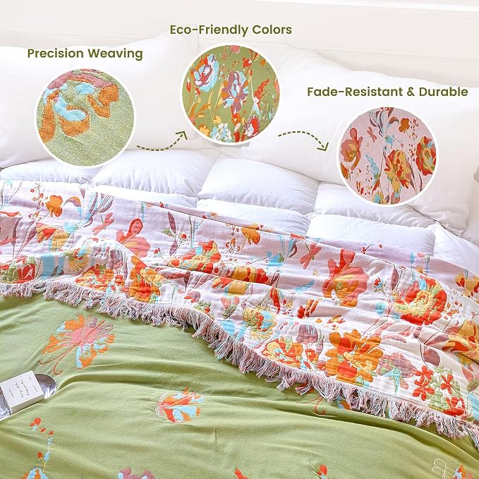 MSGKV Boho Throw Blanket 50"x60" Floral 100% Cotton Blanket with Flower and Butterfly for Couch Sofa Summer Breathable Lightweight Farmhouse Blankets Home Decor Muslin