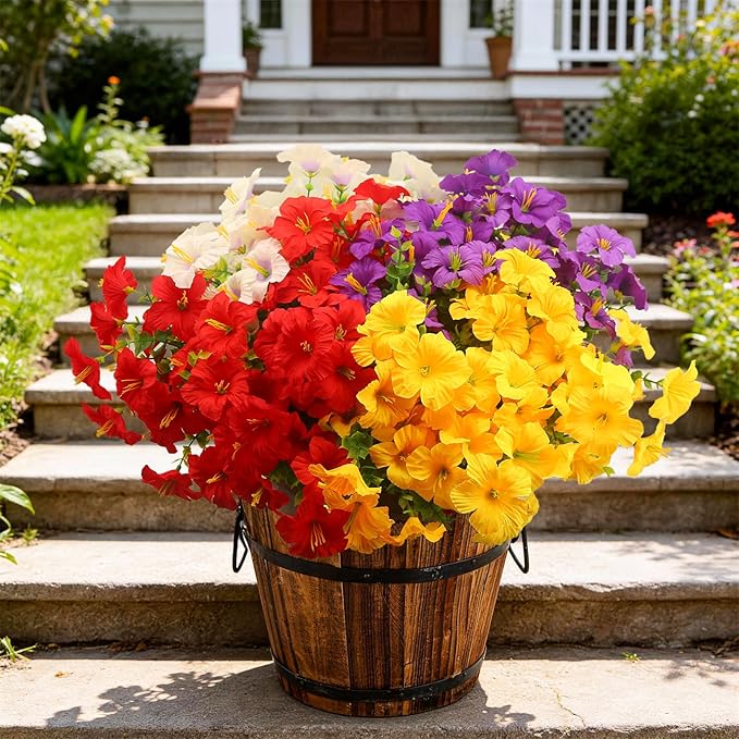 Artificial Flowers for Outdoors Fake Plants Outside, 16 Bundles Silk Morning Glory with Eucalyptus, UV Resistant Realistic Faux Flowers for Planters Porch Patio Garden Balcony Decor (4 Color)