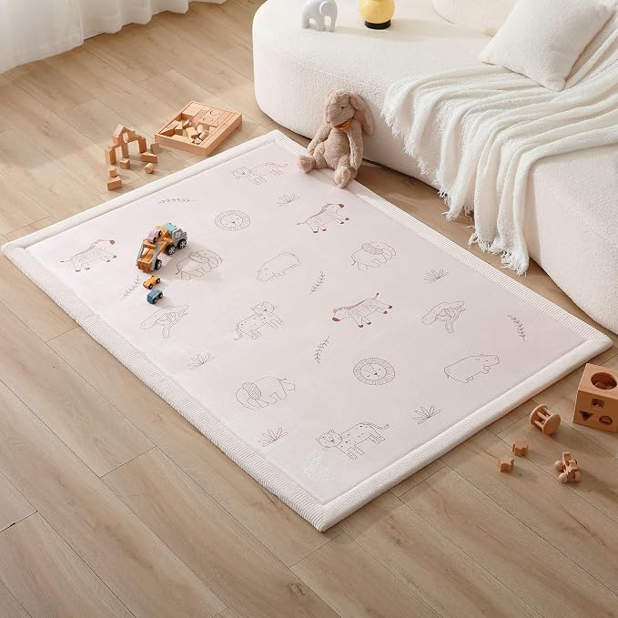 Hakuna Matte CloudSoft Baby Play Mat for Floor 47" x 67" Safari Animals | Coral Velvet high-density foam Rug for Crawling Cozy Play – Non-Slip, Water-Resistant, Easy-Care Tummy Time Mat