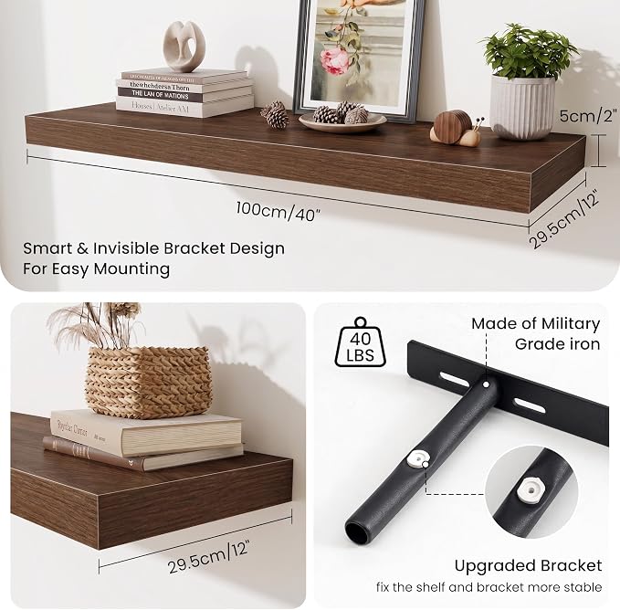 Fun Memories Floating Shelves for Wall, 40 Inch Floating Shelf for Home Decor, Wall Mounted Rustic Wood Shelves 12 Inch Deep, Hanging Deep Shelf for Bedroom, Living Room, Kitchen, Walnut, Set of 2