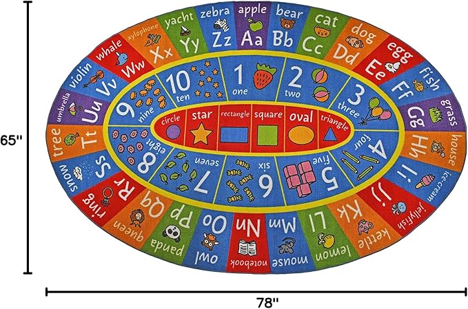 KC Cubs Educational Kids Rug – ABC Alphabet, 123 Numbers & Shapes Learning Mat – Soft Interactive Carpet for Classroom, Playroom & Bedroom 5x7 Oval