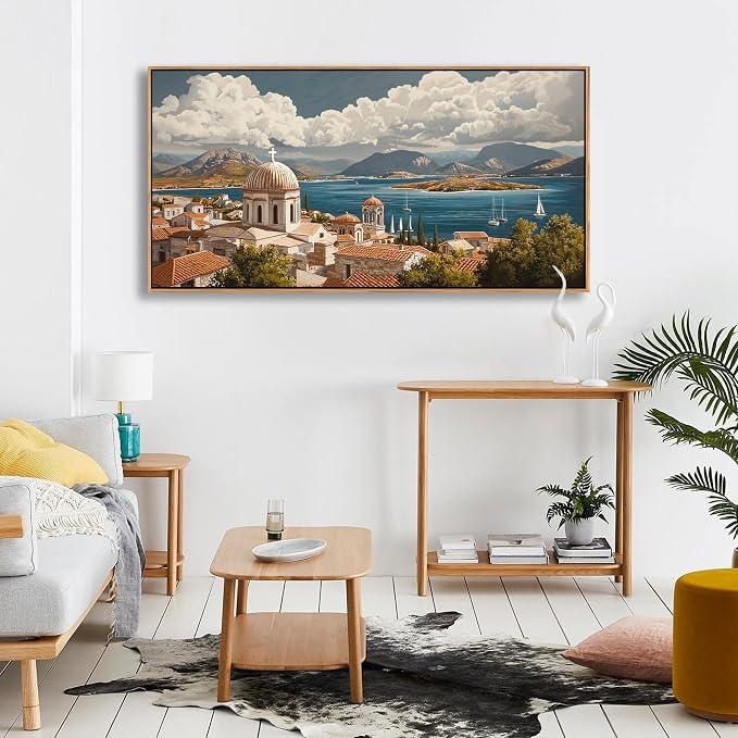 YDYSUNE Framed Retro Mediterranean Coastal Canvas Wall Art, Large Ocean Seascape Wall Decor for Living Room Bedroom Office Home, 20"×40"