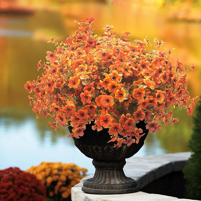 Grunyia 16 Bundles Artificial Fall Flowers for Outdoors Fake Plants UV Resistant Plastic Plants Shrubs Bushes for Home Fall Front Door Porch Garden Autumn Decor (Fall Red)