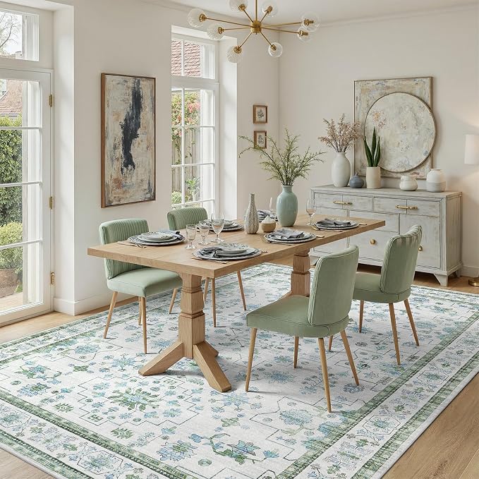 DCX Green 5x7 Rug, Kid & Pet Friendly with Rubber Back Non Slip, Machine Washable Stain Resistant Vintage Boho Floral Rug for Living Room, Bedroom, Soft Low Pile Large Nursery Carpet