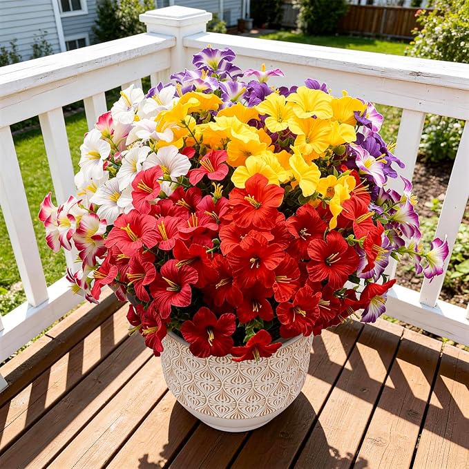 Artificial Flowers for Outdoors Fake Plants Outside, 16 Bundles Silk Morning Glory with Eucalyptus, UV Resistant Realistic Faux Flowers for Planters Porch Patio Garden Balcony Decor (8 Color)
