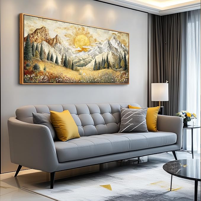 XIGUANGART Framed Large Canavs Wall Art,Mountain Wall Art,Wildflower Forest Art,Modern Farmhouse Decor,Living Room Pictures Paintings,Sunrise Artwork for Walls,Landscape Bedroom Office Decorations