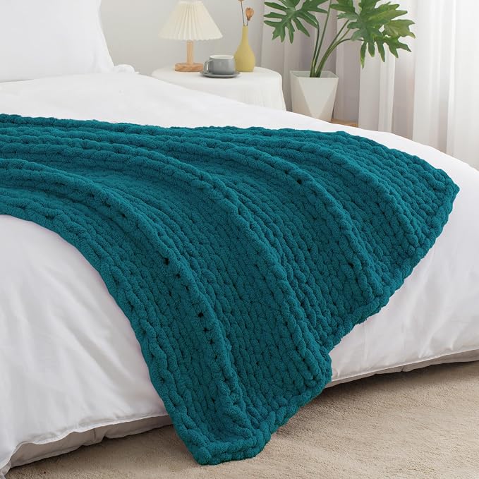 Chunky Knit Throw Blanket 60x80, 100% Handmade Chenille Yarn | 6.7lbs Soft Thick Cable Knitted Blankets, Large Rope Knot Crochet Throws for Couch Sofa Bed Machine Washable, Teal