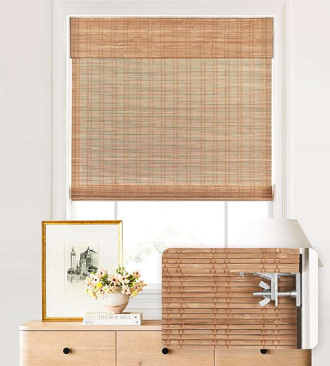 LazBlinds No Tools No Drill Cordless Bamboo Roman Shades, Light Filtering Window Treatment, Roll Up Bamboo Blinds for Windows 41'' W x 64'' H, Ceylon Light Russet