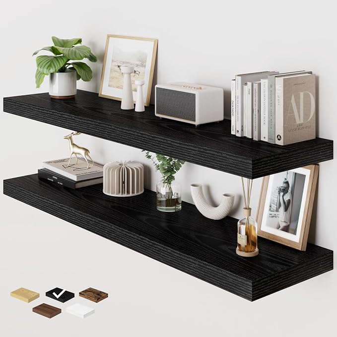RICHFOCUS 48 Inch 12" D Floating Shelves for Wall 2 Pack Long Wall Shelves for Room Wall|Large Wood Hanging Shelf with Invisible Brackets for Bathroom Bedroom Kitchen Laundry Room, Black