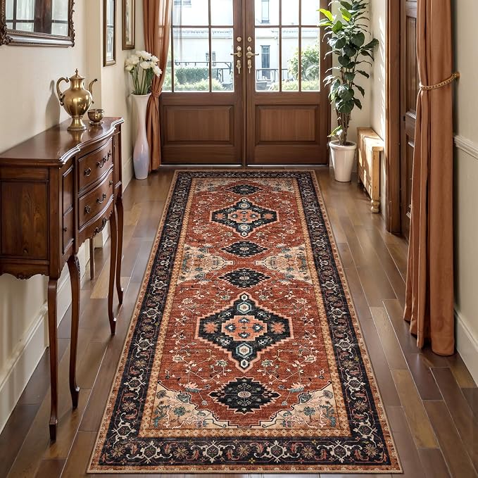 Tangsoo Vintage Orange 2X6 Washable Runner Rug for Hallways, Non Slip Hallway Rugs, Oriental Soft Low Pile Long Rug Carpet Runners for Kitchen Bedroom Entryway Bathroom Living Room Home Decor