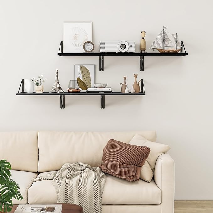 Heimlove Deep Floating Shelves for Wall, 12 Inch Deep Floating Shelves Set of 3, 16W x 12D Wood Wall Shelves, Wide Wood Shelves with Metal Bracket for Living Room, Kitchen, Office, Bedroom - Black