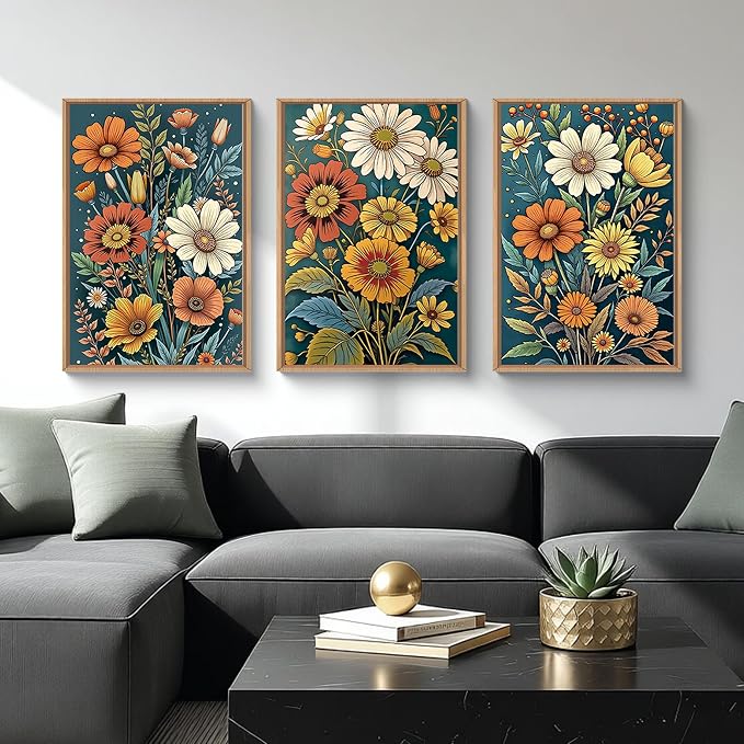 HOURIA Spring Boho Vintage Floral Framed Canvas Wall Art Set,Nordic Retro Colorful Wildflower & Green Leaves Wall Decor,Abstract Vibrant Bouquet Botanical Artwork for Living Room, Bedroom,Farmhouse-16"x24"x3