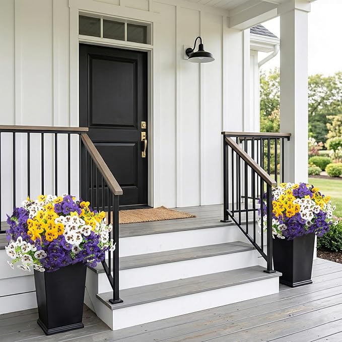 Rowfad 36 Pcs Artificial Fake Pansy Flowers for Outdoor, Faux Silk Pansies Spring Flowers for Outside for Planter Front Door Porch Yard Patio Window Box Home Decor (36, Purple, Yellow, White)