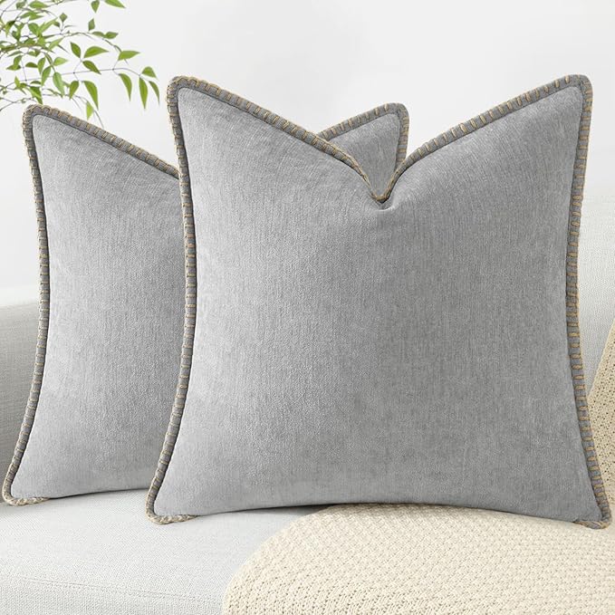 decorUhome Chenille Soft Cozy Throw Pillow Covers 18x18 Set of 2, Modern Farmhouse Boho Velvet Decorative Pillow Cases with Stitched Edge for Couch Sofa Bed Home Decor, Neutral Gray