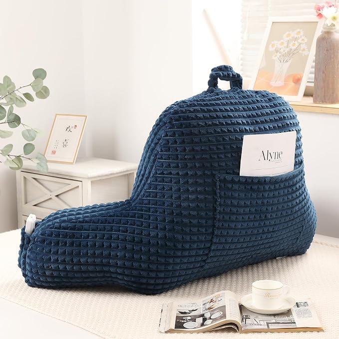 Reading Pillow with Arms for Bed Sitting,Blue Flannel | Large Supportive Backrest with Arms Helps Ease Neck,Shoulder & Arm Strain While Gaming Reading or Watching TV