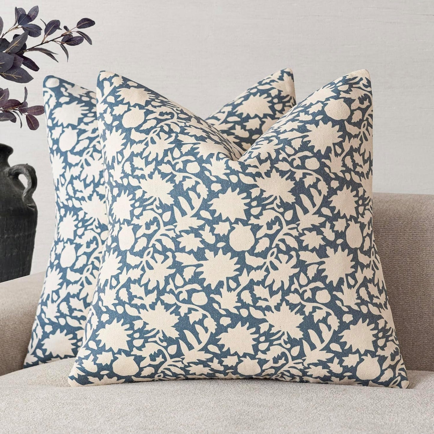Foindtower Set of 2 Decorative Neutral Floral Throw Pillow Covers Accent Farmhouse Cushion Covers Boho Vintage Pillowcase for Couch Sofa Bedroom Living Room Home Decor Outdoor,20×20 Inch,Dusty Blue