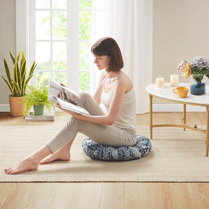 Codi Meditation Floor Pillow, Boho Pillows Seating for Adults and Teens, Large Cushion for Yoga Living Room Tatami Sitting, Memory Foam Added, 22x22 Inch Pack of 2, Round - Indigo Elephant