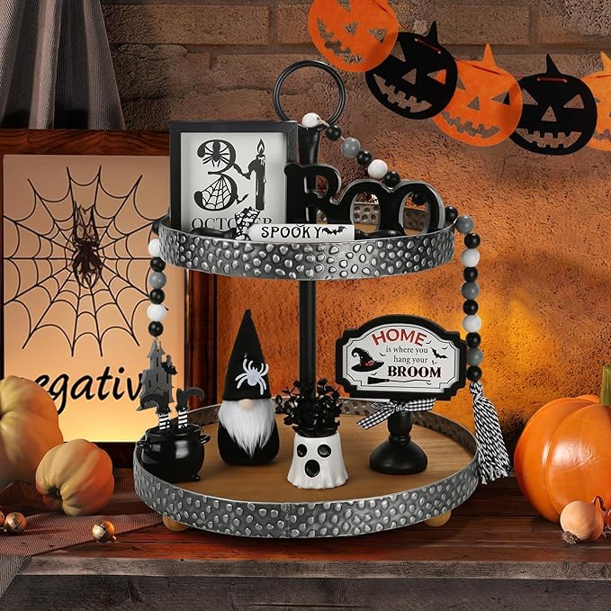 Halloween Decorations 8PCS Tiered Tray Decor, Cute Tabletop Halloween Decor for Home Tray Shelf Mantel Coffee Bar Office Table Centerpieces Farmhouse Rustic Spooky Wood Signs