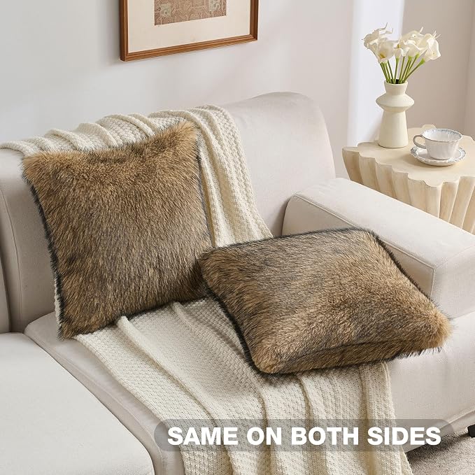 FUTEI Pack of 2 Faux Raccoon Fur Plush Throw Pillow Covers 18x18 Inch Soft Fluffy Farmhouse Decorative Cushion Case Modern Luxury Accent for Couch Bed Living Room, Tawny