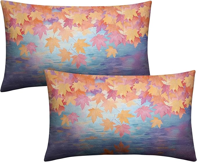 Fall Lumbar Pillow Covers Maple Leaves Thorw Pillow Covers 12x20 Set of 2 Autumn Maple Leaf Teal Double Sided Printing Rectangular Pillowcase for Home Decor Couch Sofa