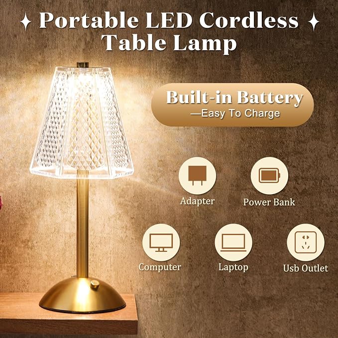 Liliful 2 Pcs Cordless Table Lamp Rechargeable Touch LED Small Gold Portable Battery Operated USB-c Desk Lamp 3 Color Dimmable for Bedroom Living Room Dining (Gold,Hexagonal Diamond Style)