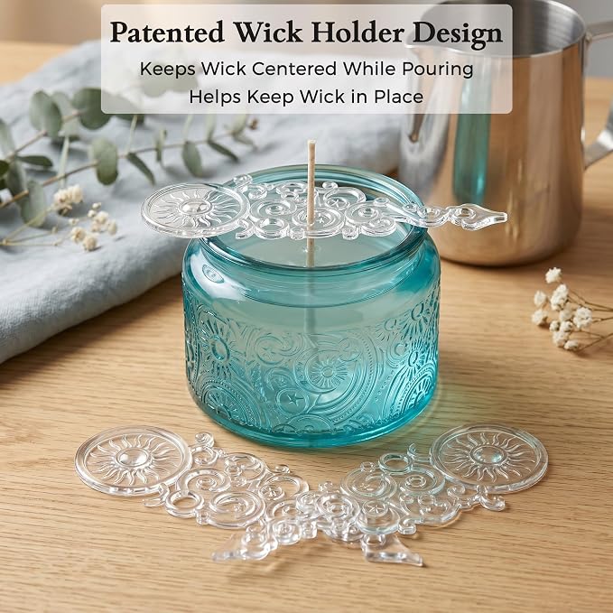 4 oz Blue Sun Moon Stars Candle Jars with Bamboo Lids, 18 Pack | Patented Embossed Design, Includes Wick Centering Devices & Warning Labels, Multiple Color Options