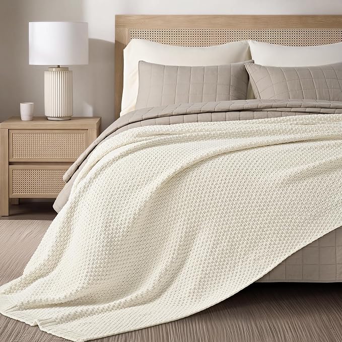EVERGRACEHOME Chunky Chenille Knit Throw Blanket for Couch, Soft Luxurious Oversized Queen Moss Stitch Blanket for Bed, Cozy Farmhouse Knitted Throw for Sofa, Ivory White, 90" x 90"