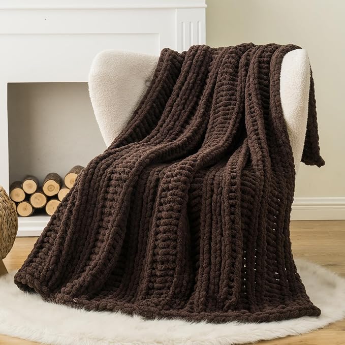 Battilo Chunky Knit Throw Blanket for Couch, 50"x60", Chocolate Brown | Hand Knit, Gift Blanket, Cozy Warm Thick Soft Chenille Throw Blanket for Bed, Sofa, Chair, Living Room