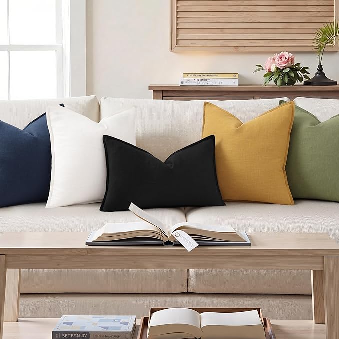 decorUhome Summer Decorative Linen Throw Pillow Covers 12x20 Inch Set of 2 Black Lumbar Pillow Covers with Flange Edges Soft Farmhouse Boho Accent Pillow Cases for Couch Bed Living Room