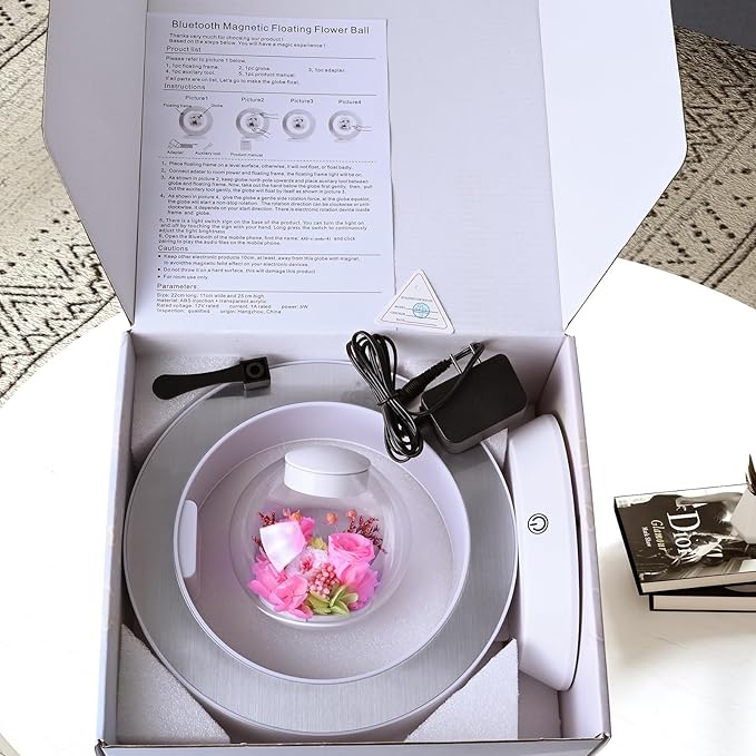 LoveLin,Magnetic Levitation Table Lamp with Bluetooth Speaker,5W Circle Variable Color Led Night Light,Rotate 360° Forever,Romantic Preserved Flowers Lamp for Restaurant Office & Home Decor