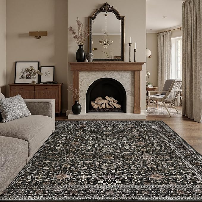DCX Black 8x10 Rug, Kid & Pet Friendly with Rubber Back Non Slip, Machine Washable Stain Resistant Vintage Traditional Distressed Carpet, Rug for Living Room, Bedroom, Home Decor