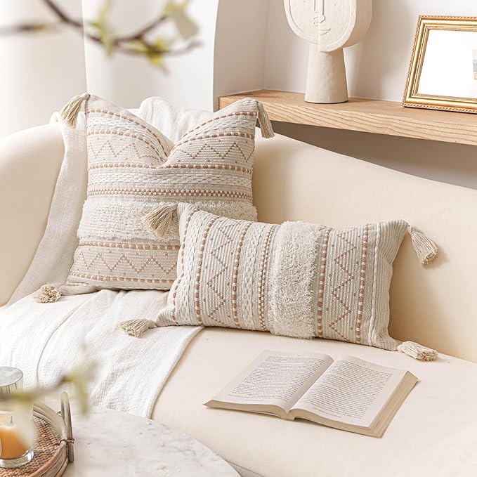 BlissBlush 18X18 Throw Pillow Cover, Cream Neutral Beige Square Decorative Cushion Cover, Boho Accent Pillowcase with Tufted Details and Tassels for Couch Sofa Living Room(Cover Only)
