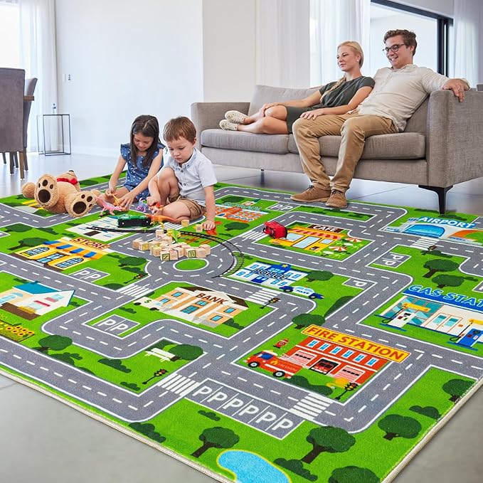 Car Rug Play Mat for Kids Toy Cars, City Road Traffic Playmat for Kid Bedroom, Non-Slip Machine Washable Kids Rugs for Learn and Have Fun 6'x9'/ 72"x108", Green
