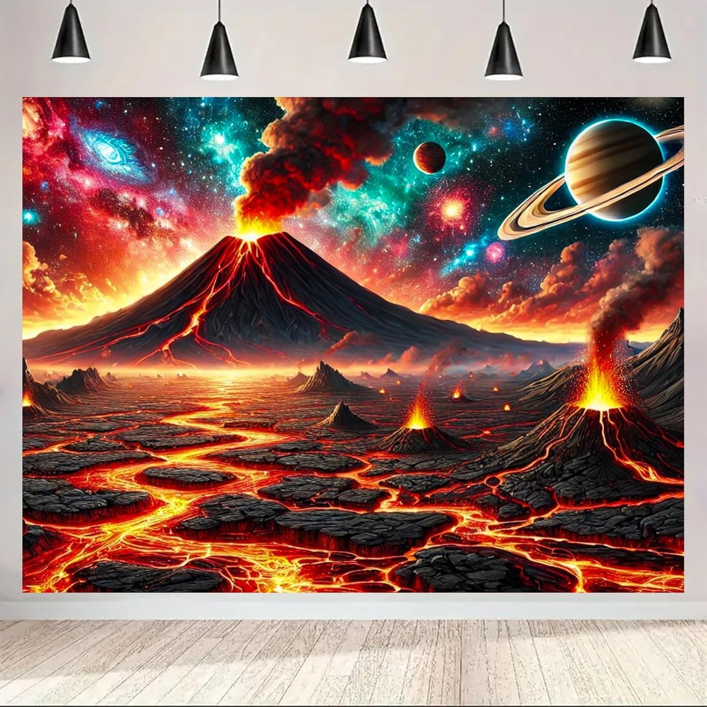 BlissYard Volcanic Planet Lava Landscape UV Black Light Tapestry 78x59 Inches Art Color Neon Light Background Bedroom Living Room Wall Party Decoration Outer Space Earthcore Molten Galaxy Decor