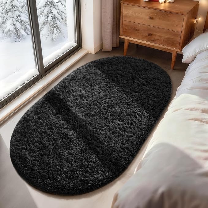 Ophanie 3x5 Black Oval Rugs for College Dorm Bedroom Living Room, Small Fluffy Fuzzy Carpet, Plush Soft Shaggy Bedside Indoor Floor Area Rug for Kids Men Boys Baby Teen Nursery Home Decor Aesthetic