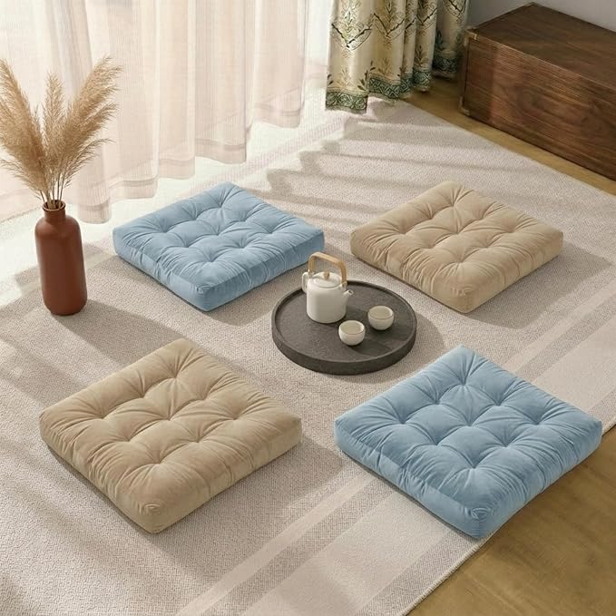Floor Pillows for Adults Set of 2, Soft Velvet Floor Cushions for Sitting, Square Tufted Floor Pillow Set for Reading Nook, Living Room, Bedroom, 22 x 22 Inch, Blue