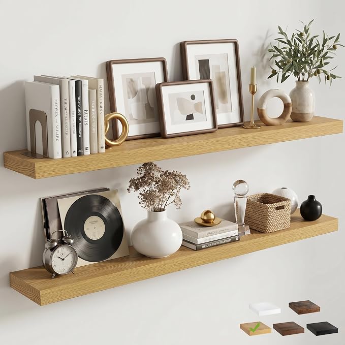 55 Inch Floating Shelves for Wall, 8"D Wood Storage Shelves, Oak Finish | Engineered Wood, Invisible Bracket, Large Storage, Easy Install, Hold Up to 88lbs, Living Room, Bathroom, Bedroom, Kitchen