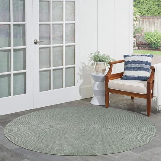 Superior Indoor/Outdoor Area Rug, Reversible Braided Floor Decor for Living Room, Kitchen, Patio, Front Porch, Modern Boho Farmhouse Rugs, Hardwood, Bedroom Accessories, 4' Round, Fog Green