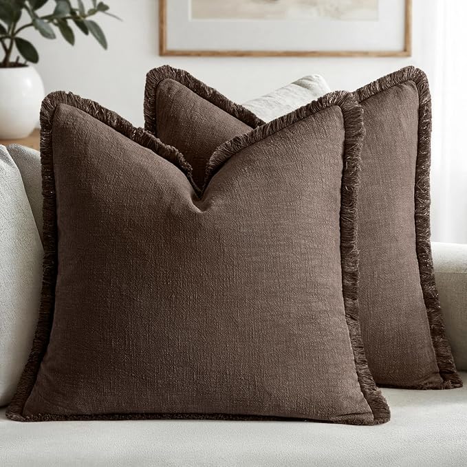 MIULEE Decorative Throw Pillow Covers Neutral Linen Fringe Throw Pillows Euro Shams Set of 2 Reddish Brown Boho Farmhouse Cushion Covers for Couch Sofa Bed Living Room Fall Home Decor 26x26 Inch
